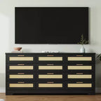 Comò a 12 cassetti per camera da letto, cassettiera moderna in rattan, organizer in legno con cassetti e maniglie in pannello di rattan, per cameretta, ingresso