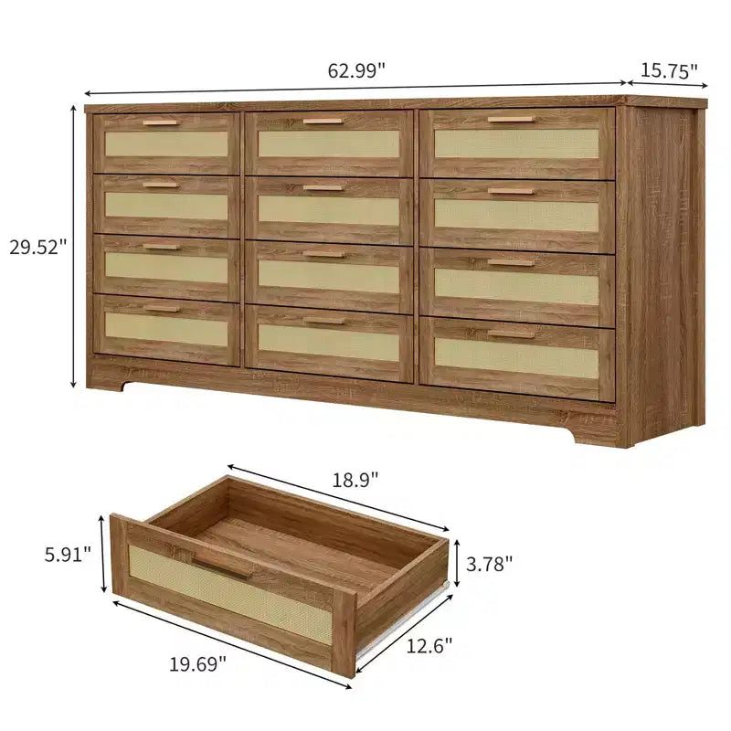 Comò a 12 cassetti per camera da letto, cassettiera moderna in rattan, organizer in legno con cassetti e maniglie in pannello di rattan, per cameretta, ingresso