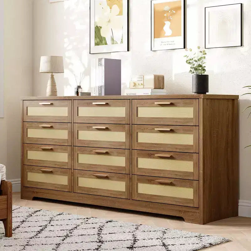 Comò a 12 cassetti per camera da letto, cassettiera moderna in rattan, organizer in legno con cassetti e maniglie in pannello di rattan, per cameretta, ingresso