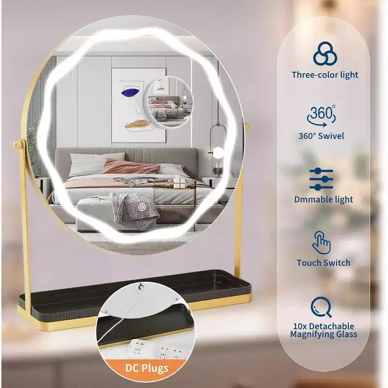 Specchio per Trucco Rotondo con Contenitore Rimovibile, Girevole a 360°, Adatto per Scrivania, Camera da Letto, Facile da Montare, Oro