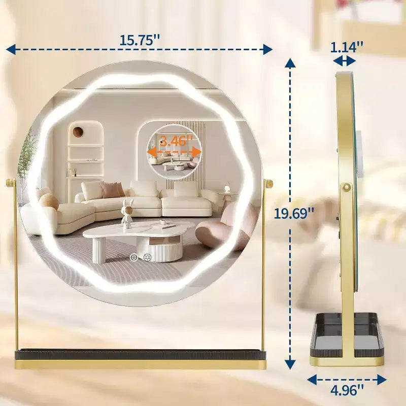 Specchio per Trucco Rotondo con Contenitore Rimovibile, Girevole a 360°, Adatto per Scrivania, Camera da Letto, Facile da Montare, Oro