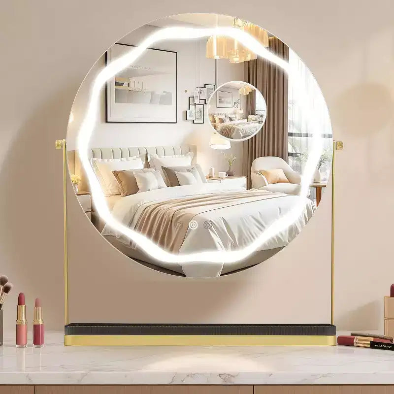 Specchio per Trucco Rotondo con Contenitore Rimovibile, Girevole a 360°, Adatto per Scrivania, Camera da Letto, Facile da Montare, Oro