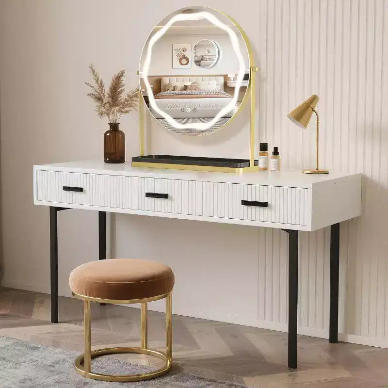 Specchio per Trucco Rotondo con Contenitore Rimovibile, Girevole a 360°, Adatto per Scrivania, Camera da Letto, Facile da Montare, Oro