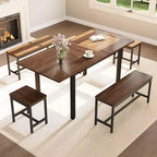 TROPOW Set da Pranzo Allungabile per 6-8 Persone, Tavolo in Legno Stile Rustico con 2 Panche e 2 Sgabelli