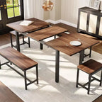 TROPOW Set da Pranzo Allungabile per 6-8 Persone, Tavolo in Legno Stile Rustico con 2 Panche e 2 Sgabelli