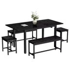 TROPOW Extendable Dining Table Set for 6-8 People, Farmhouse Style Wooden Table with 2 Benches and 2 Stools