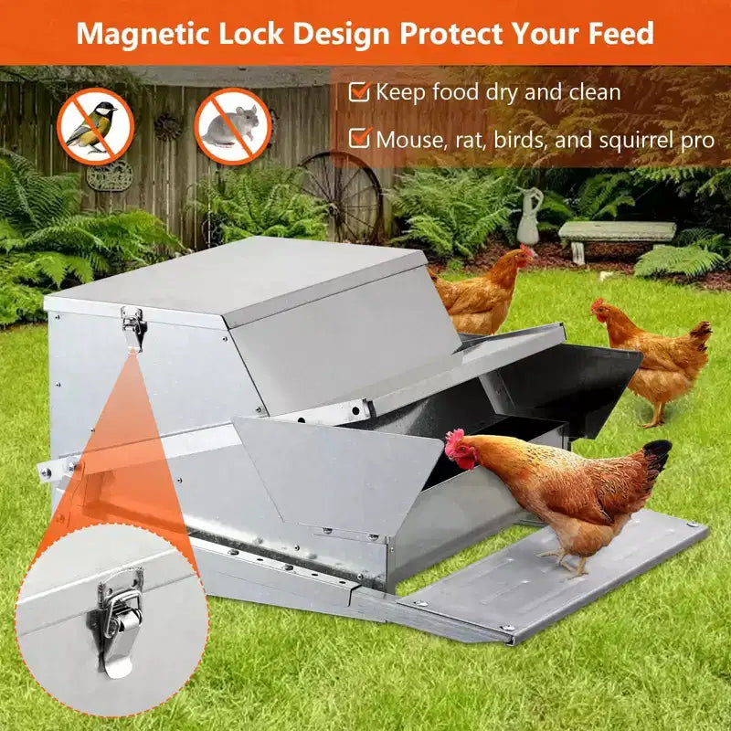 Mangiatoia per Galline, Automatica 12,2 kg Acciaio Zincato - A Pedale, Anti Ratti, Zero Sprechi, Alimenta 10 Galline per 11 Giorni, Adatta per Anatre, Galline Nane, Fagianidi