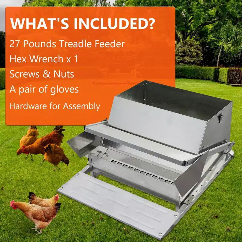 Mangiatoia per Galline, Automatica 12,2 kg Acciaio Zincato - A Pedale, Anti Ratti, Zero Sprechi, Alimenta 10 Galline per 11 Giorni, Adatta per Anatre, Galline Nane, Fagianidi