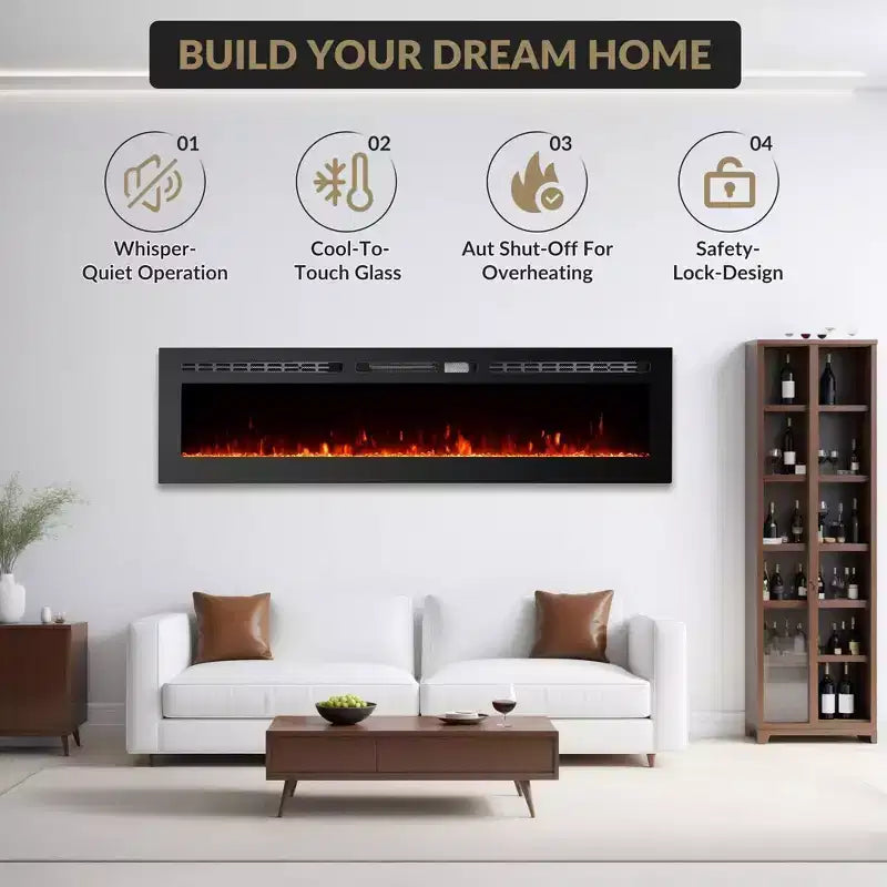 Camino elettrico ultra-sottile da 60 pollici, montaggio a parete/incasso, 144 colori di fiamma e letto, termoventilatore silenzioso, 750W/1500W, spegnimento di sicurezza per soggiorno