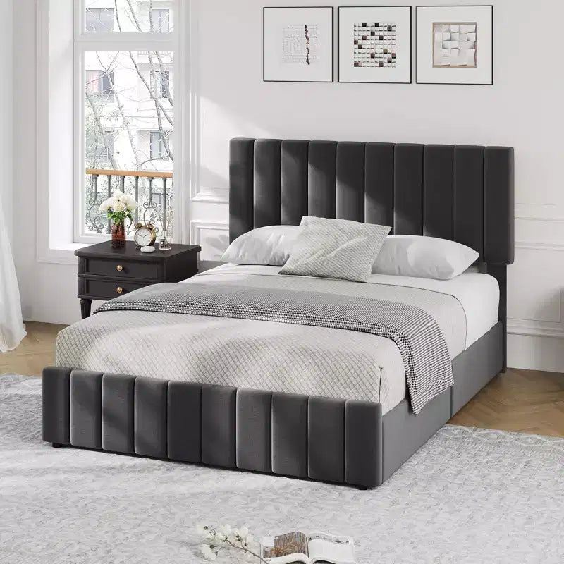 Struttura letto, letto a piattaforma con 4 cassetti contenitore - Testiera regolabile, Supporto a doghe in legno, Nessuna necessità di rete a molle