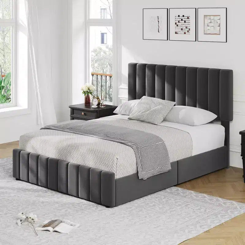 Struttura letto, letto a piattaforma con 4 cassetti contenitore - Testiera regolabile, Supporto a doghe in legno, Nessuna necessità di rete a molle