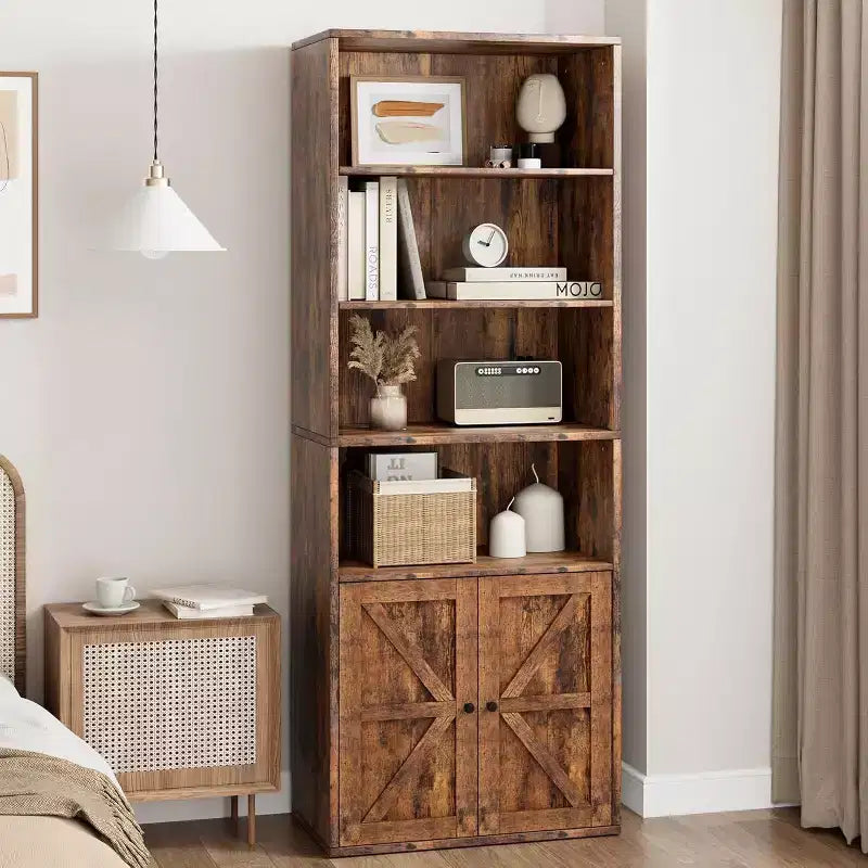 Libreria da fattoria Acekool con ante, scaffale a 6 ripiani alto 180 cm, mobiletto espositivo e contenitore rustico marrone per casa, ufficio, soggiorno