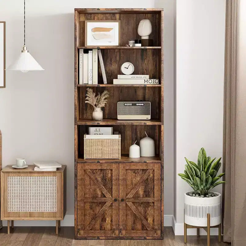 Libreria da fattoria Acekool con ante, scaffale a 6 ripiani alto 180 cm, mobiletto espositivo e contenitore rustico marrone per casa, ufficio, soggiorno