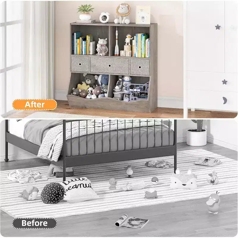 Acekool Organizzatore Portagiochi per Bambini a 7 Scomparti con Cassetti, Libreria a 3 Livelli per Sala Giochi, Soggiorno, Scuola, Confezione da 2, Grigio