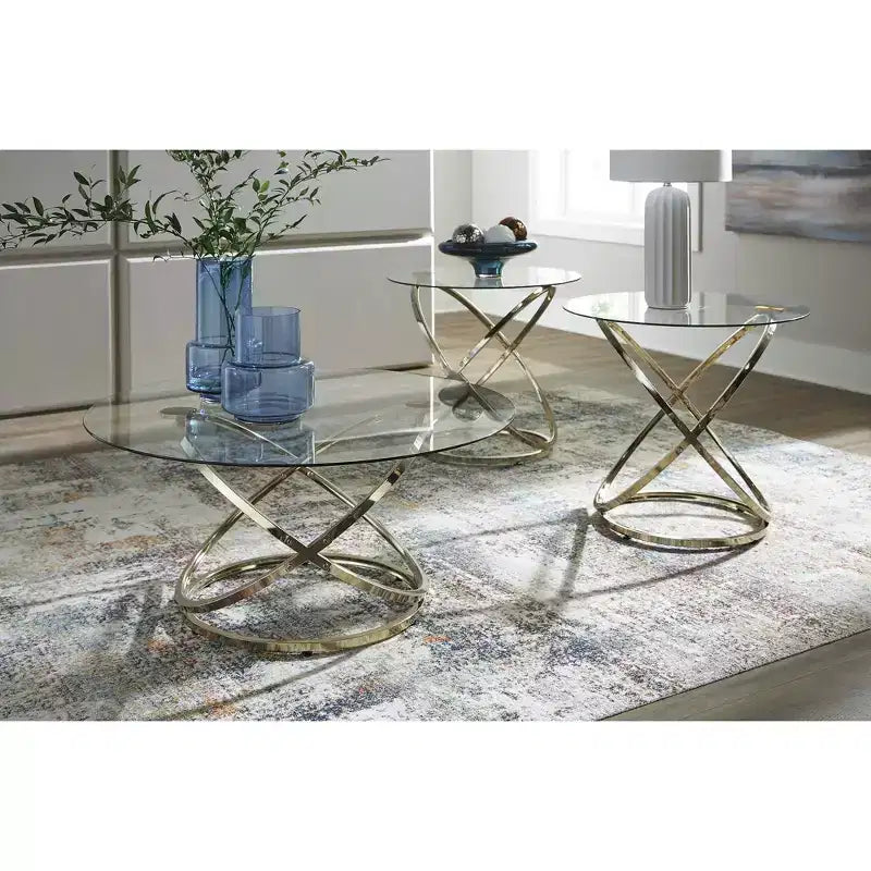 Signature Design by Ashley Crimonti Set 3 Pezzi di Tavolini in Vetro con Tavolini Laterali - Finitura Oro Champagne