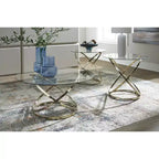 Signature Design by Ashley Crimonti Set 3 Pezzi di Tavolini in Vetro con Tavolini Laterali - Finitura Oro Champagne