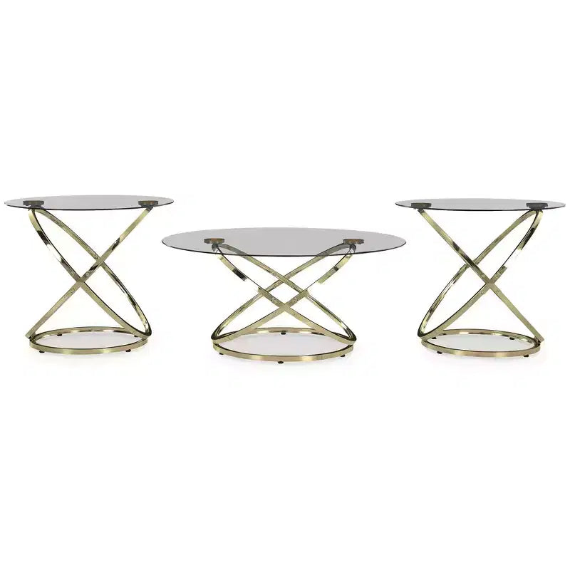 Signature Design by Ashley Crimonti Set 3 Pezzi di Tavolini in Vetro con Tavolini Laterali - Finitura Oro Champagne