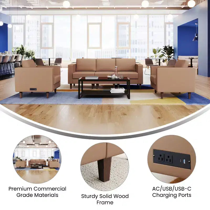 Flash Furniture HERCULES Artemis Set da 3 pezzi per reception imbottito, 8 prese CA/4 porte USB/4 porte USB-C e gambe in legno noce con piedini regolabili