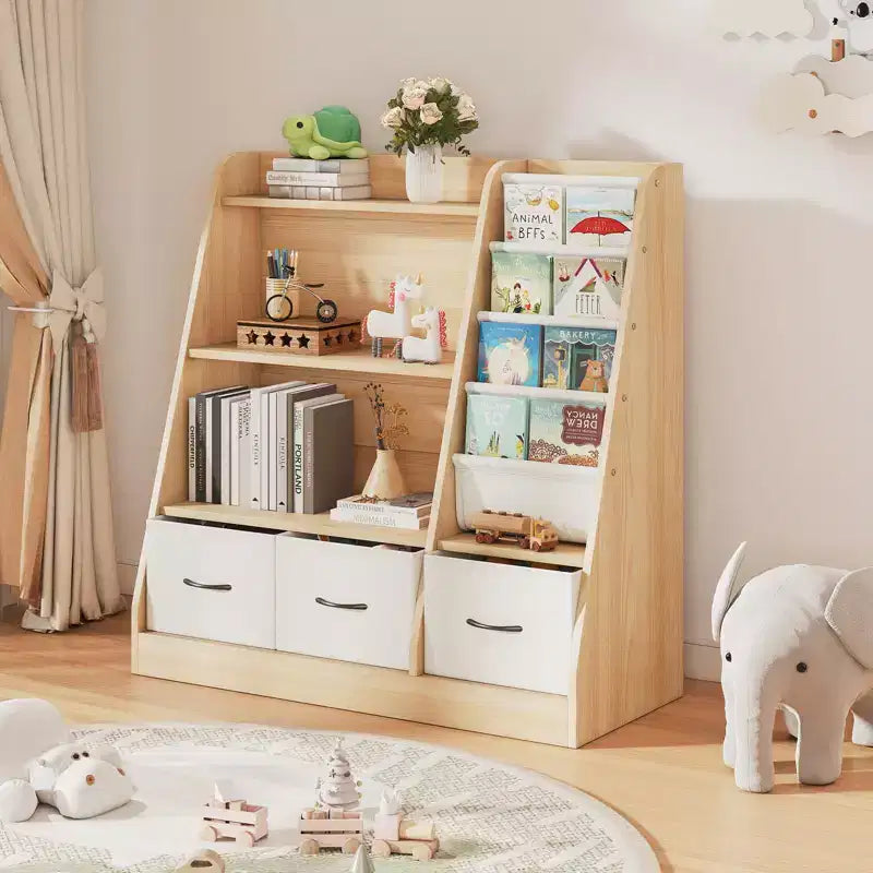 SUGIFT Libreria per bambini con scomparti a cubo e contenitori in tessuto, espositore frontale per libri, organizer in legno per sala giochi e cameretta