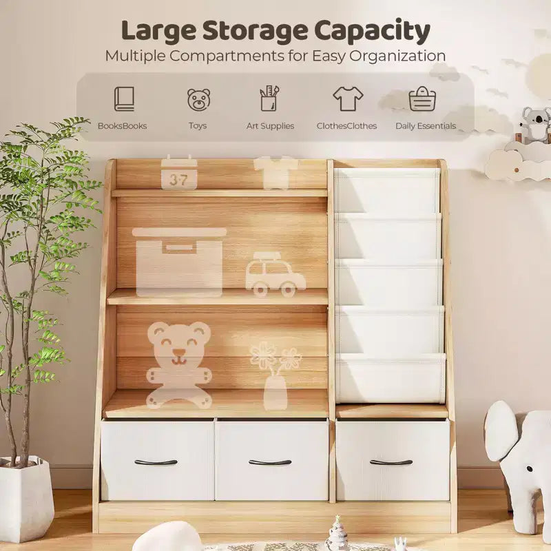 SUGIFT Libreria per bambini con scomparti a cubo e contenitori in tessuto, espositore frontale per libri, organizer in legno per sala giochi e cameretta