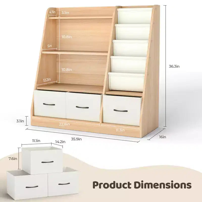SUGIFT Libreria per bambini con scomparti a cubo e contenitori in tessuto, espositore frontale per libri, organizer in legno per sala giochi e cameretta