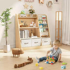 SUGIFT Libreria per bambini con scomparti a cubo e contenitori in tessuto, espositore frontale per libri, organizer in legno per sala giochi e cameretta
