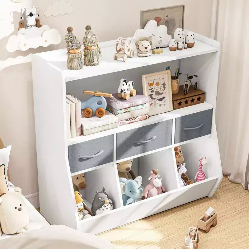 SUGIFT Libreria per bambini con scomparti a cubo e contenitori in tessuto, espositore frontale per libri, organizer in legno per sala giochi e cameretta