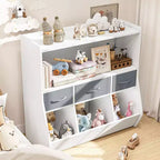 SUGIFT Libreria per bambini con scomparti a cubo e contenitori in tessuto, espositore frontale per libri, organizer in legno per sala giochi e cameretta