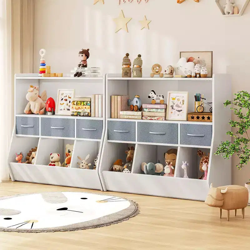 SUGIFT Libreria per bambini con scomparti a cubo e contenitori in tessuto, espositore frontale per libri, organizer in legno per sala giochi e cameretta