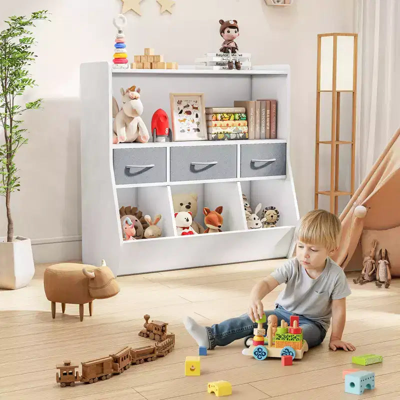 SUGIFT Libreria per bambini con scomparti a cubo e contenitori in tessuto, espositore frontale per libri, organizer in legno per sala giochi e cameretta