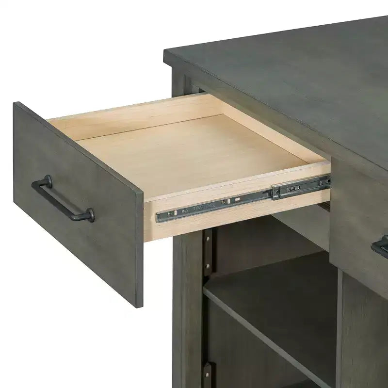 Isola da cucina allungabile con contenitori e prese elettriche, carrello da cucina multi-funzionale retrò su ruote con cassetti e ripiani aperti, grigio