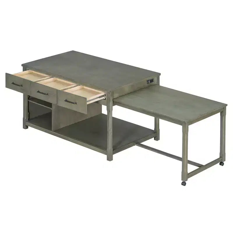 Isola da cucina allungabile con contenitori e prese elettriche, carrello da cucina multi-funzionale retrò su ruote con cassetti e ripiani aperti, grigio