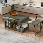 Isola da cucina allungabile con contenitori e prese elettriche, carrello da cucina multi-funzionale retrò su ruote con cassetti e ripiani aperti, grigio