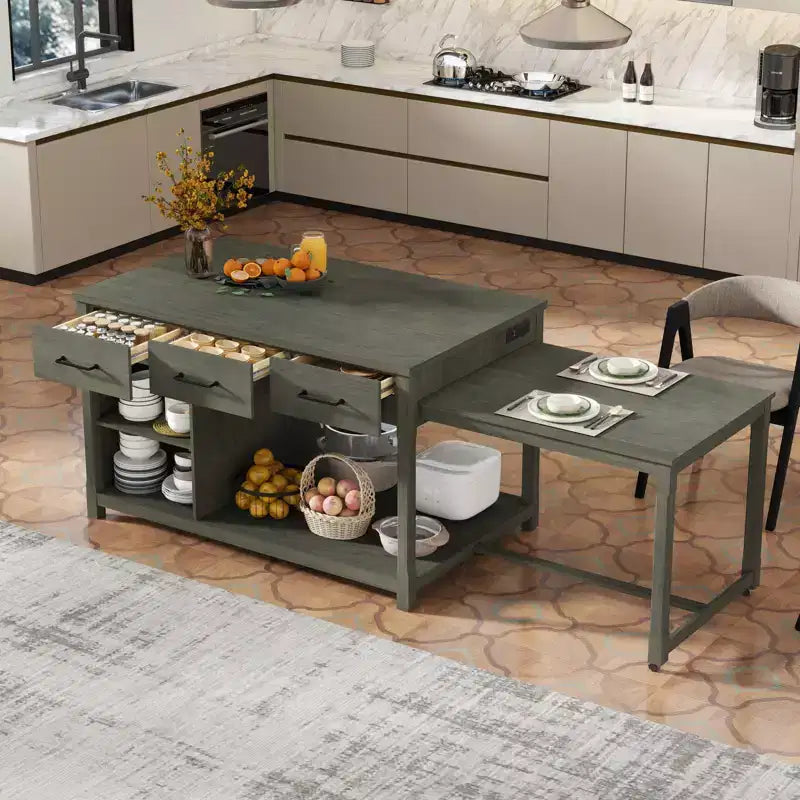 Isola da cucina allungabile con contenitori e prese elettriche, carrello da cucina multi-funzionale retrò su ruote con cassetti e ripiani aperti, grigio