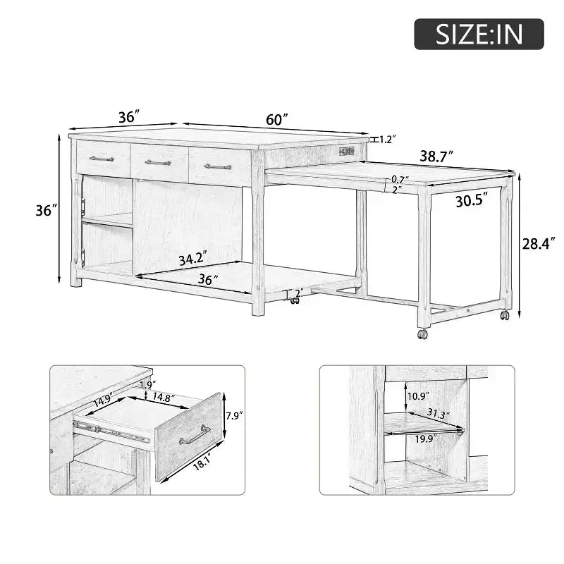 Isola da cucina allungabile con contenitori e prese elettriche, carrello da cucina multi-funzionale retrò su ruote con cassetti e ripiani aperti, grigio