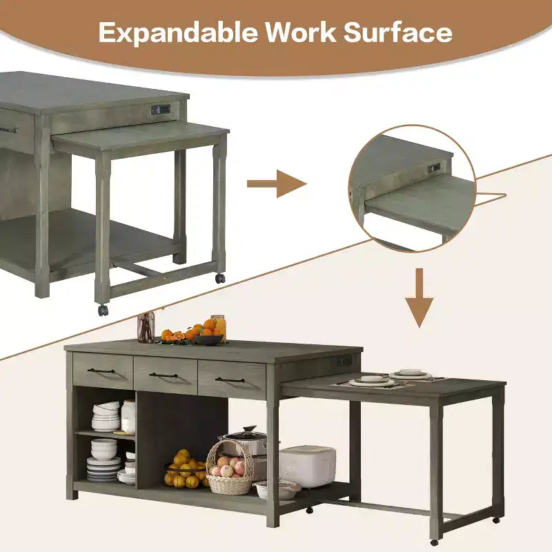 Isola da cucina allungabile con contenitori e prese elettriche, carrello da cucina multi-funzionale retrò su ruote con cassetti e ripiani aperti, grigio