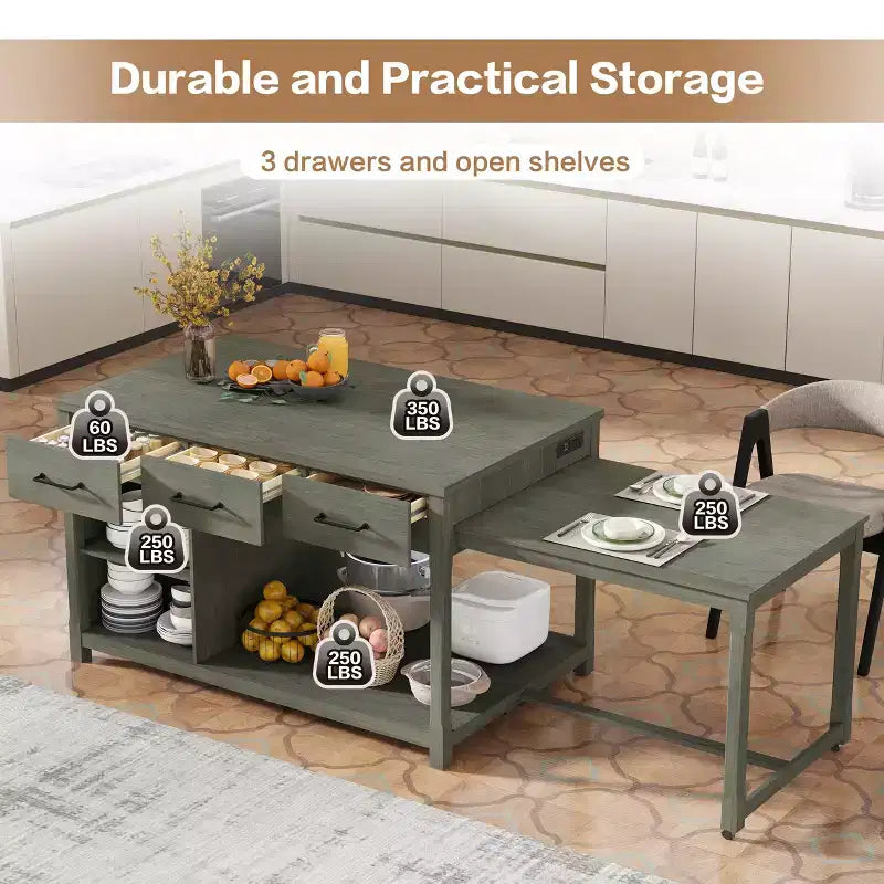Isola da cucina allungabile con contenitori e prese elettriche, carrello da cucina multi-funzionale retrò su ruote con cassetti e ripiani aperti, grigio