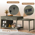 Isola da cucina allungabile con contenitori e prese elettriche, carrello da cucina multi-funzionale retrò su ruote con cassetti e ripiani aperti, grigio