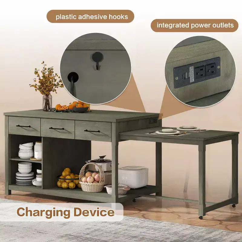 Isola da cucina allungabile con contenitori e prese elettriche, carrello da cucina multi-funzionale retrò su ruote con cassetti e ripiani aperti, grigio