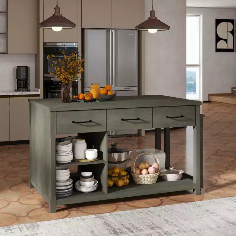 Isola da cucina allungabile con contenitori e prese elettriche, carrello da cucina multi-funzionale retrò su ruote con cassetti e ripiani aperti, grigio