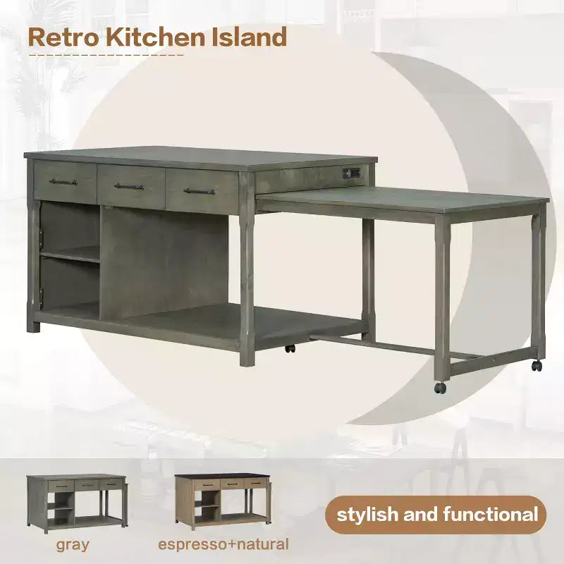 Isola da cucina allungabile con contenitori e prese elettriche, carrello da cucina multi-funzionale retrò su ruote con cassetti e ripiani aperti, grigio