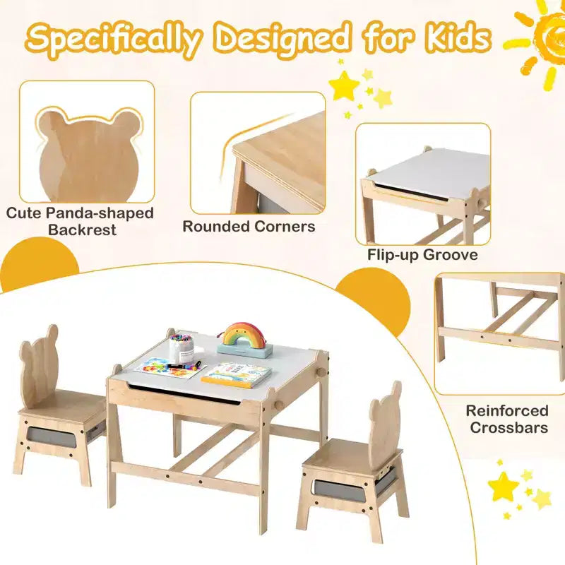 Costway Tavolo e Sedie per Bambini Set 4 in 1 Tavolo Attività per Bambini con Lavagna per Arte Grigio+Naturale/Arancione+Naturale