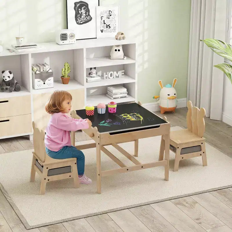 Costway Tavolo e Sedie per Bambini Set 4 in 1 Tavolo Attività per Bambini con Lavagna per Arte Grigio+Naturale/Arancione+Naturale