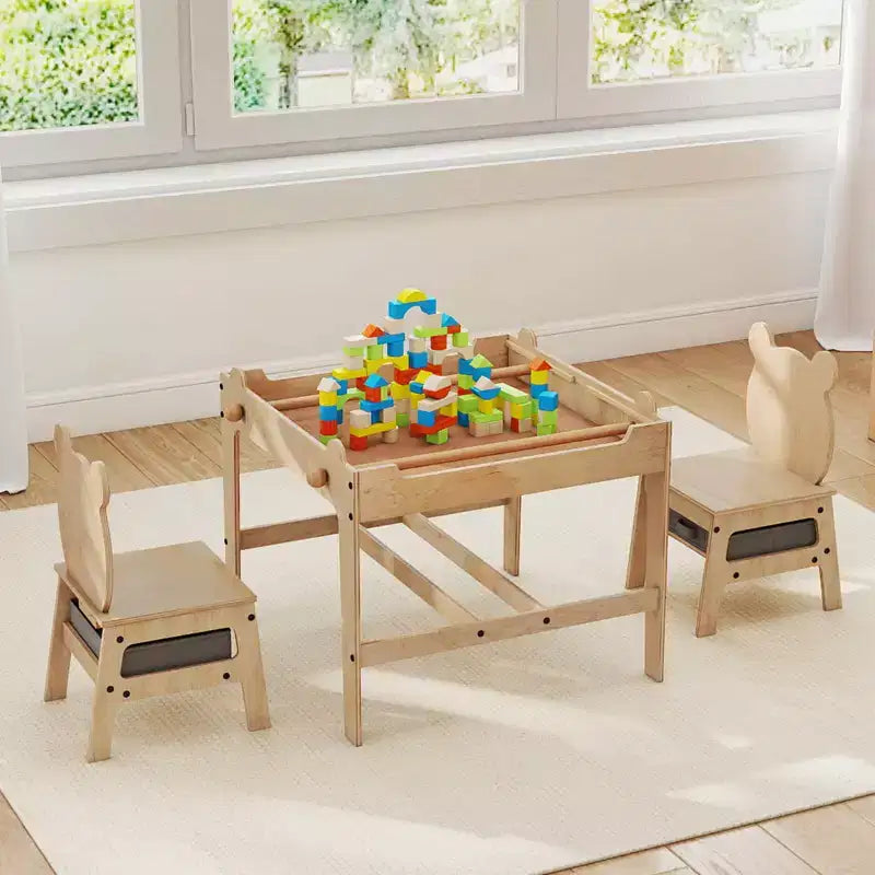 Costway Tavolo e Sedie per Bambini Set 4 in 1 Tavolo Attività per Bambini con Lavagna per Arte Grigio+Naturale/Arancione+Naturale