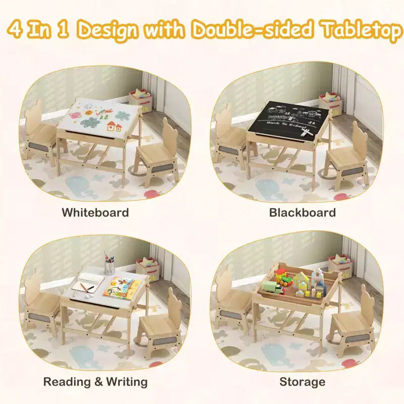 Costway Tavolo e Sedie per Bambini Set 4 in 1 Tavolo Attività per Bambini con Lavagna per Arte Grigio+Naturale/Arancione+Naturale