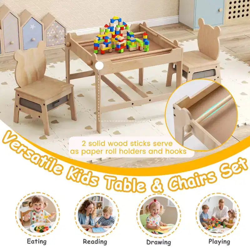 Costway Tavolo e Sedie per Bambini Set 4 in 1 Tavolo Attività per Bambini con Lavagna per Arte Grigio+Naturale/Arancione+Naturale