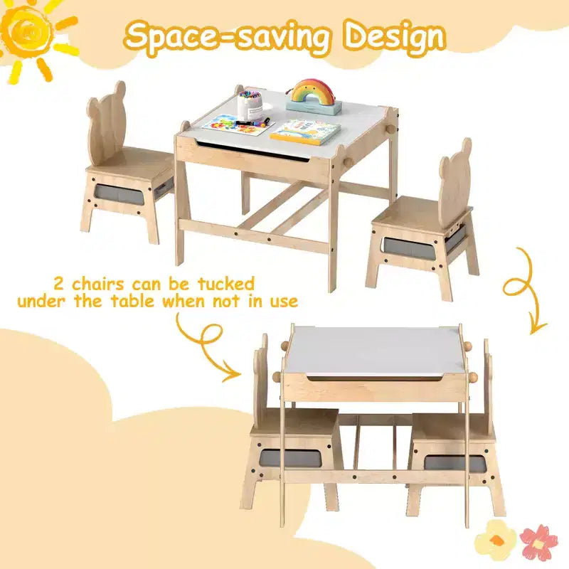 Costway Tavolo e Sedie per Bambini Set 4 in 1 Tavolo Attività per Bambini con Lavagna per Arte Grigio+Naturale/Arancione+Naturale