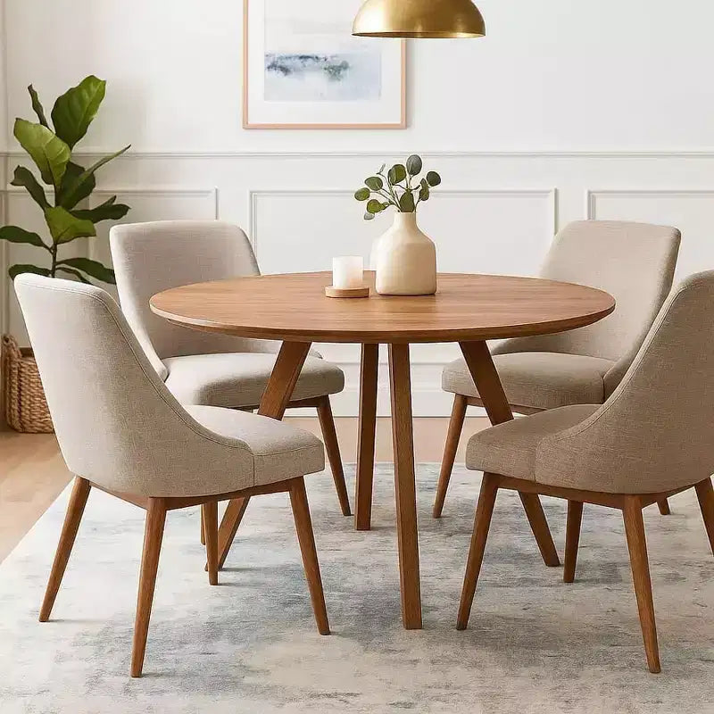 Tavolo da pranzo Royal Hampton | Piano rotondo 47" | Legno di mango marrone naturale fatto a mano | Base a quattro gambe angolate