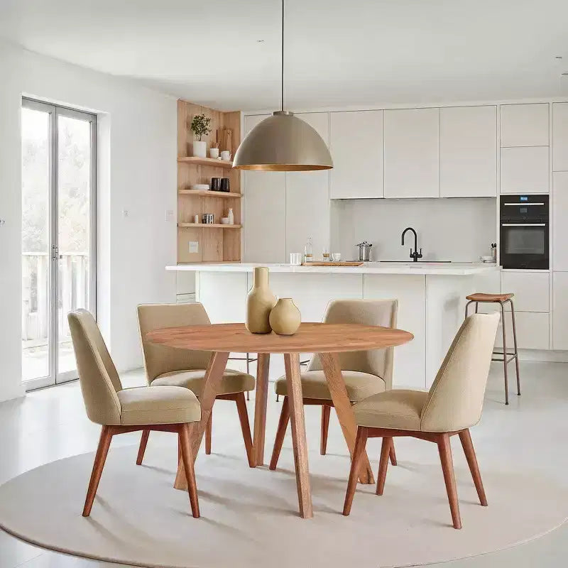Tavolo da pranzo Royal Hampton | Piano rotondo 47" | Legno di mango marrone naturale fatto a mano | Base a quattro gambe angolate