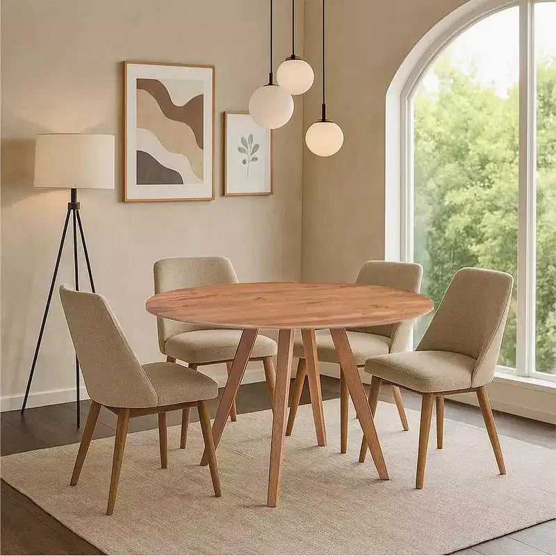 Tavolo da pranzo Royal Hampton | Piano rotondo 47" | Legno di mango marrone naturale fatto a mano | Base a quattro gambe angolate